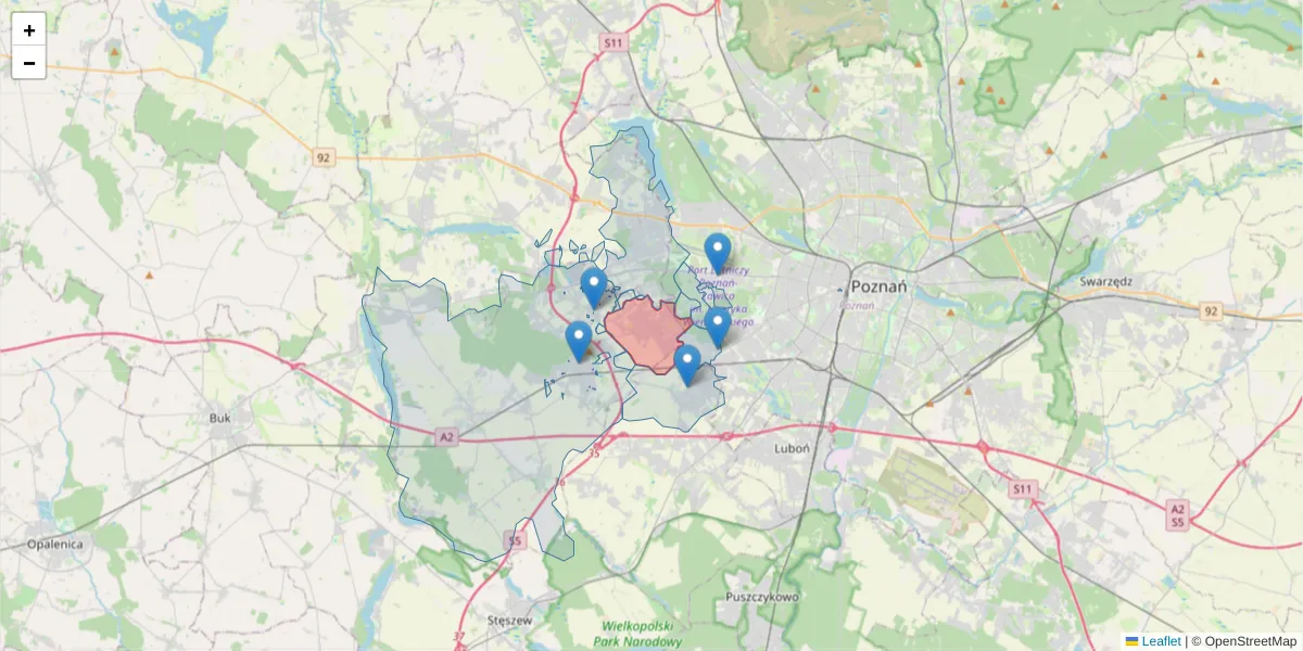 Szczegółowa mapa kodu pocztowego 60-185 z granicami, sąsiednimi kodami pocztowymi i urzędami pocztowymi