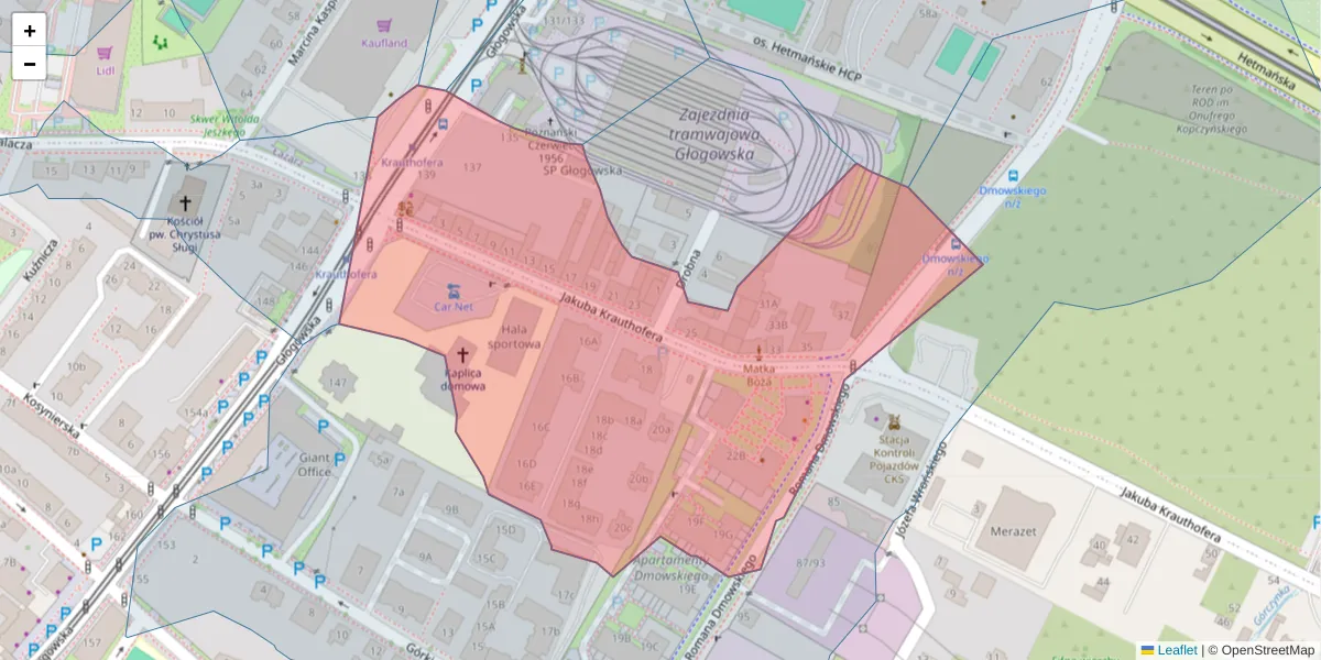 Szczegółowa mapa kodu pocztowego 60-203 z granicami, sąsiednimi kodami pocztowymi i urzędami pocztowymi