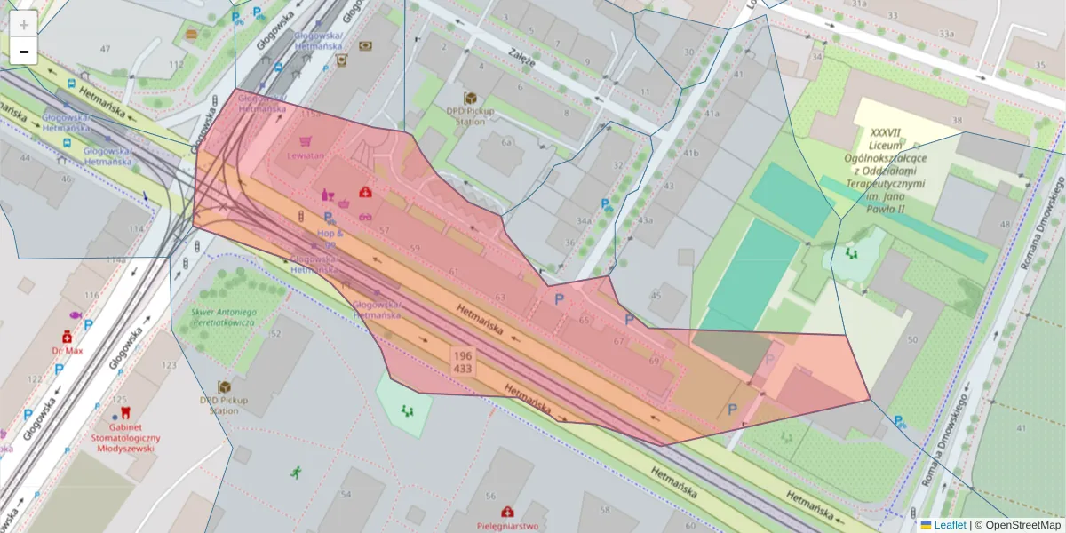 Szczegółowa mapa kodu pocztowego 60-218 z granicami, sąsiednimi kodami pocztowymi i urzędami pocztowymi