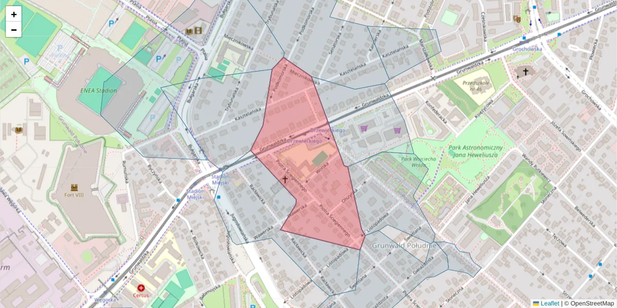 Szczegółowa mapa kodu pocztowego 60-304 z granicami, sąsiednimi kodami pocztowymi i urzędami pocztowymi