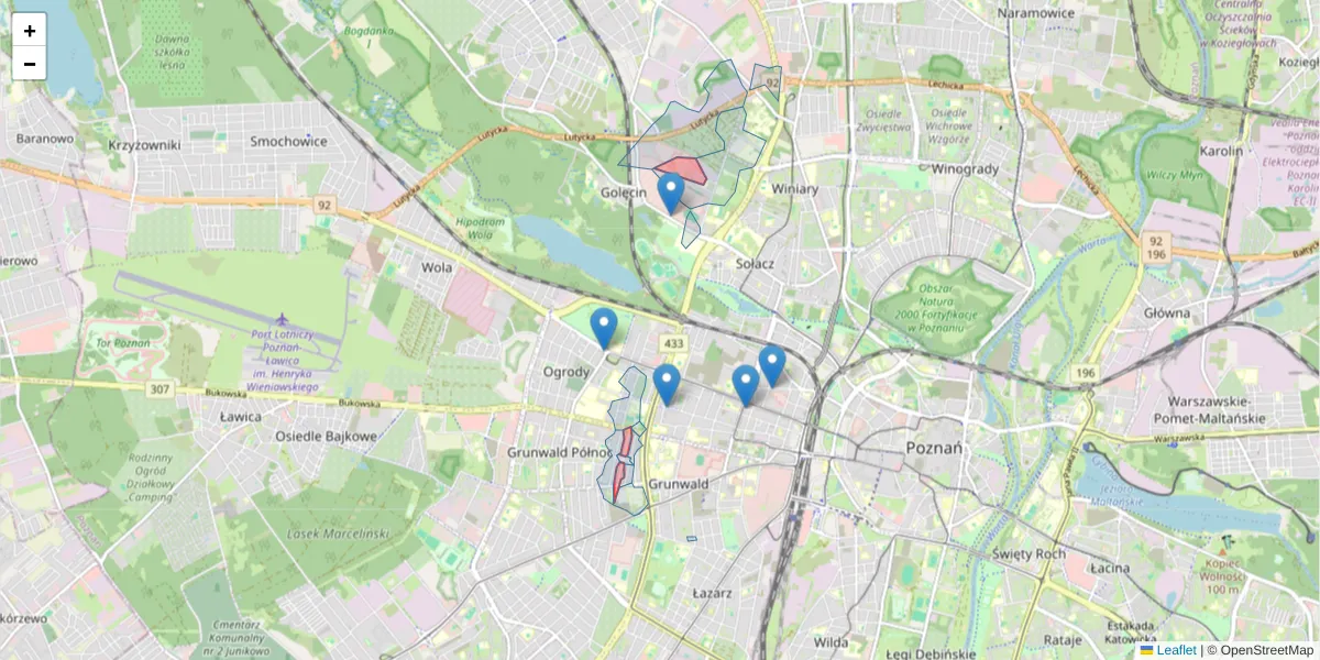 Szczegółowa mapa kodu pocztowego 60-361 z granicami, sąsiednimi kodami pocztowymi i urzędami pocztowymi