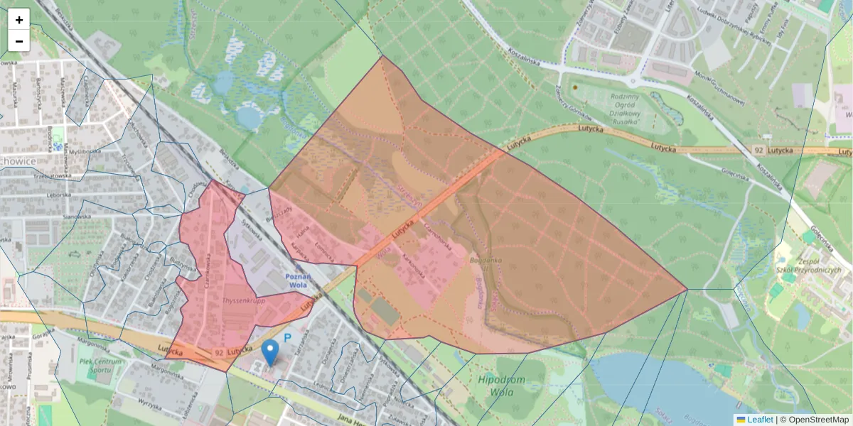 Szczegółowa mapa kodu pocztowego 60-415 z granicami, sąsiednimi kodami pocztowymi i urzędami pocztowymi