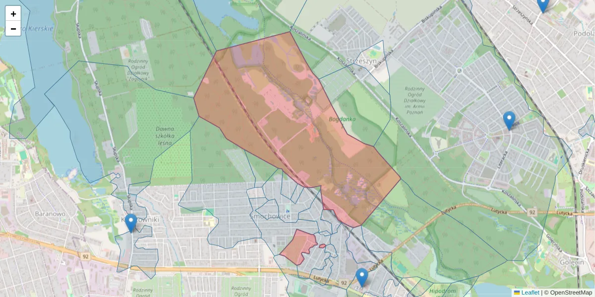 Szczegółowa mapa kodu pocztowego 60-416 z granicami, sąsiednimi kodami pocztowymi i urzędami pocztowymi