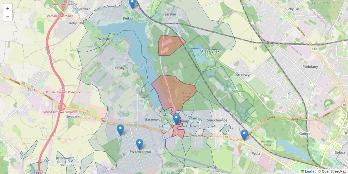 Szczegółowa mapa kodu pocztowego 60-458 z granicami, sąsiednimi kodami pocztowymi i urzędami pocztowymi