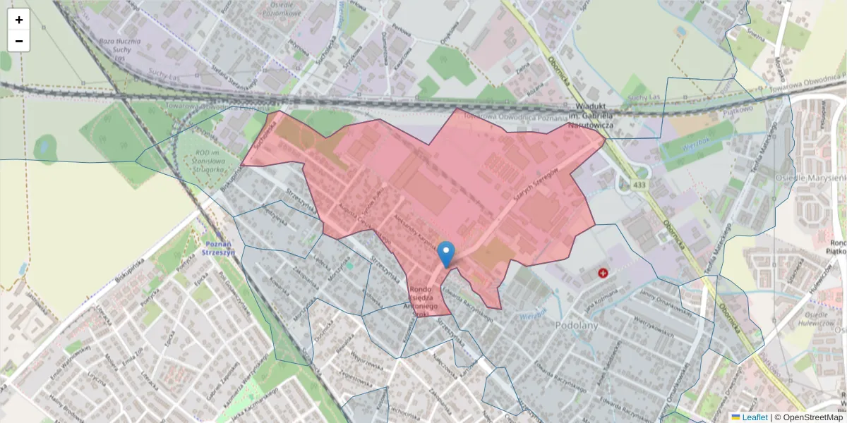 Szczegółowa mapa kodu pocztowego 60-462 z granicami, sąsiednimi kodami pocztowymi i urzędami pocztowymi