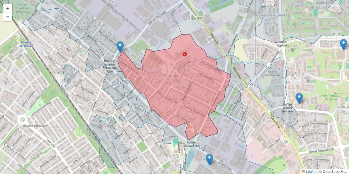 Szczegółowa mapa kodu pocztowego 60-465 z granicami, sąsiednimi kodami pocztowymi i urzędami pocztowymi