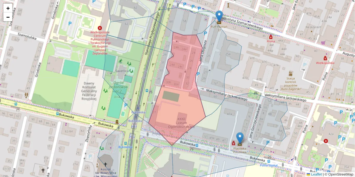 Szczegółowa mapa kodu pocztowego 60-557 z granicami, sąsiednimi kodami pocztowymi i urzędami pocztowymi