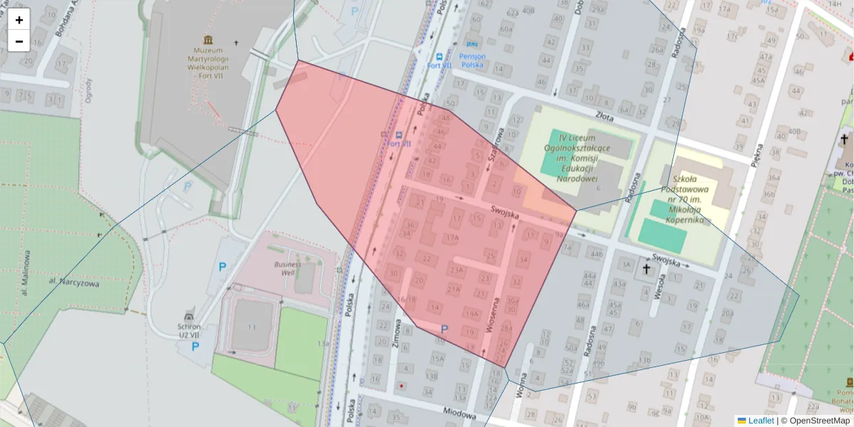 Szczegółowa mapa kodu pocztowego 60-592 z granicami, sąsiednimi kodami pocztowymi i urzędami pocztowymi