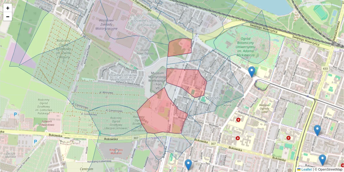 Szczegółowa mapa kodu pocztowego 60-595 z granicami, sąsiednimi kodami pocztowymi i urzędami pocztowymi