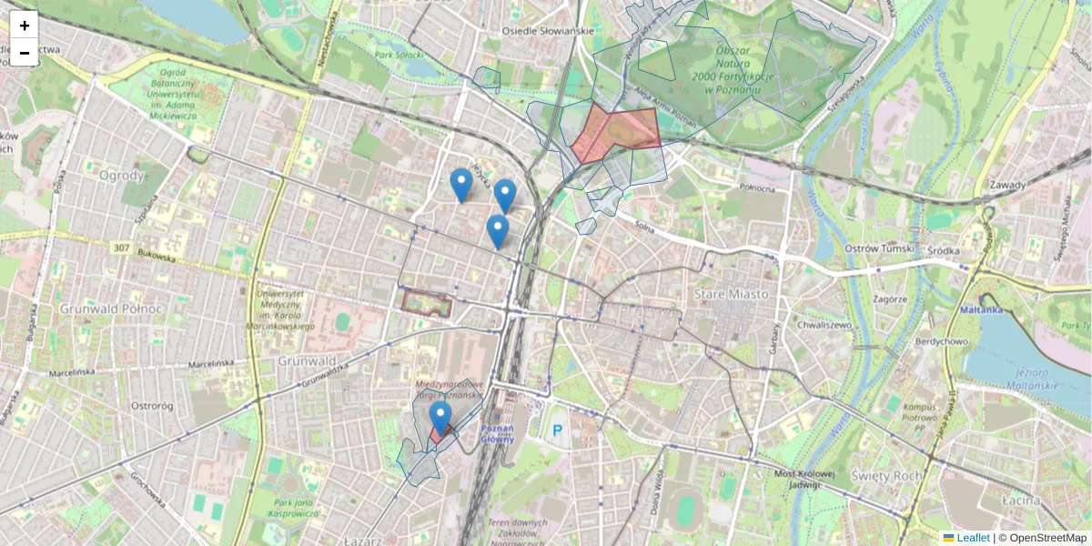 Szczegółowa mapa kodu pocztowego 60-607 z granicami, sąsiednimi kodami pocztowymi i urzędami pocztowymi