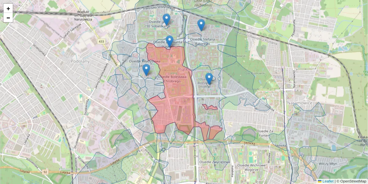 Szczegółowa mapa kodu pocztowego 60-681 z granicami, sąsiednimi kodami pocztowymi i urzędami pocztowymi