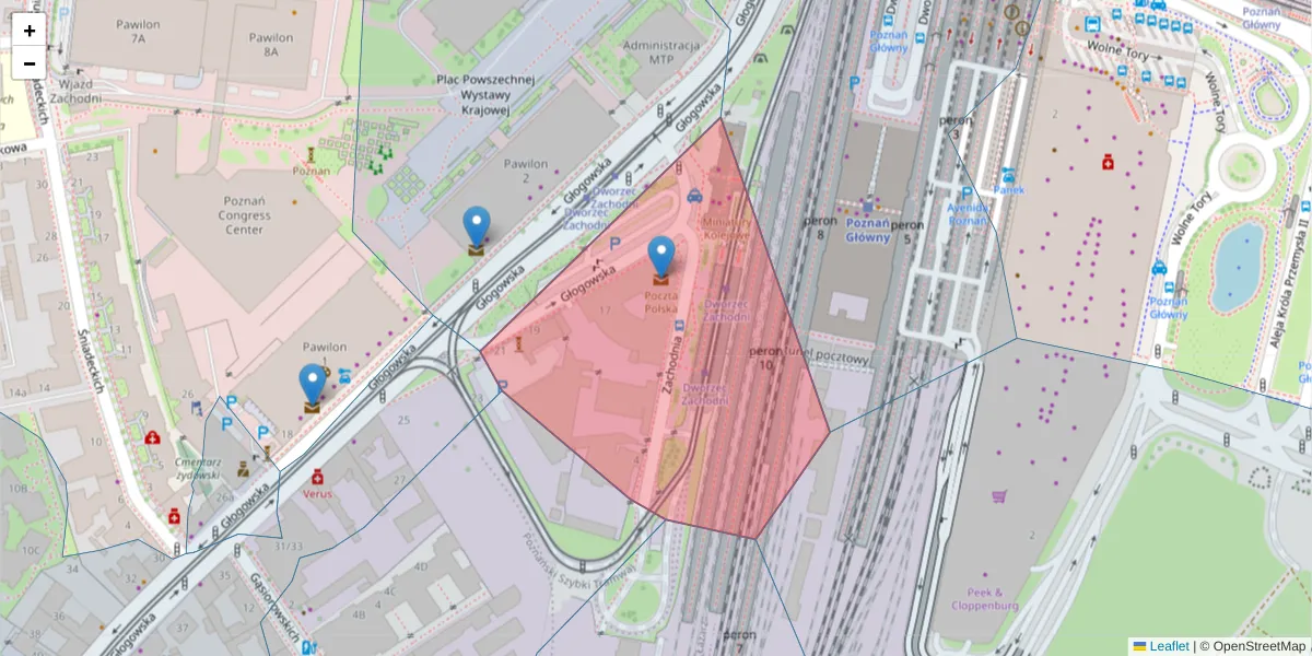 Szczegółowa mapa kodu pocztowego 60-700 z granicami, sąsiednimi kodami pocztowymi i urzędami pocztowymi