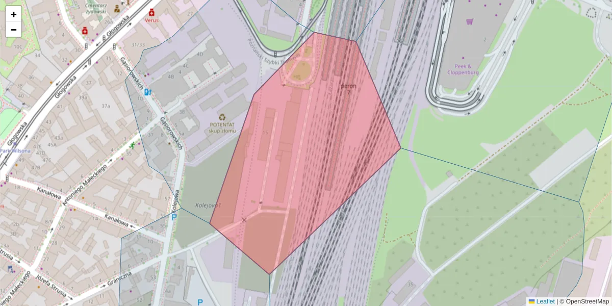 Szczegółowa mapa kodu pocztowego 60-701 z granicami, sąsiednimi kodami pocztowymi i urzędami pocztowymi