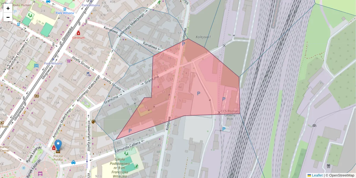 Szczegółowa mapa kodu pocztowego 60-715 z granicami, sąsiednimi kodami pocztowymi i urzędami pocztowymi