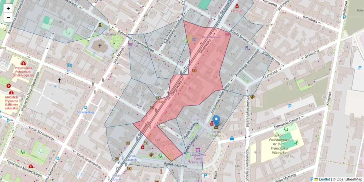 Szczegółowa mapa kodu pocztowego 60-739 z granicami, sąsiednimi kodami pocztowymi i urzędami pocztowymi