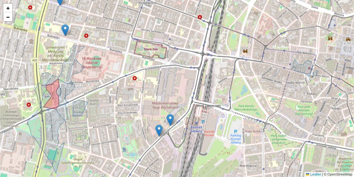 Szczegółowa mapa kodu pocztowego 60-805 z granicami, sąsiednimi kodami pocztowymi i urzędami pocztowymi