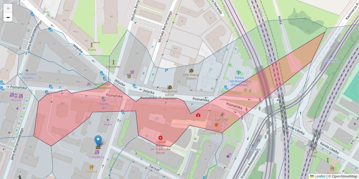 Szczegółowa mapa kodu pocztowego 60-852 z granicami, sąsiednimi kodami pocztowymi i urzędami pocztowymi