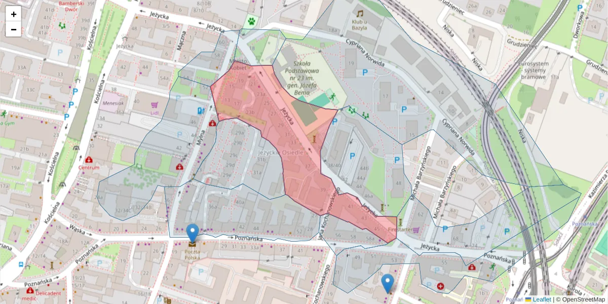 Szczegółowa mapa kodu pocztowego 60-864 z granicami, sąsiednimi kodami pocztowymi i urzędami pocztowymi