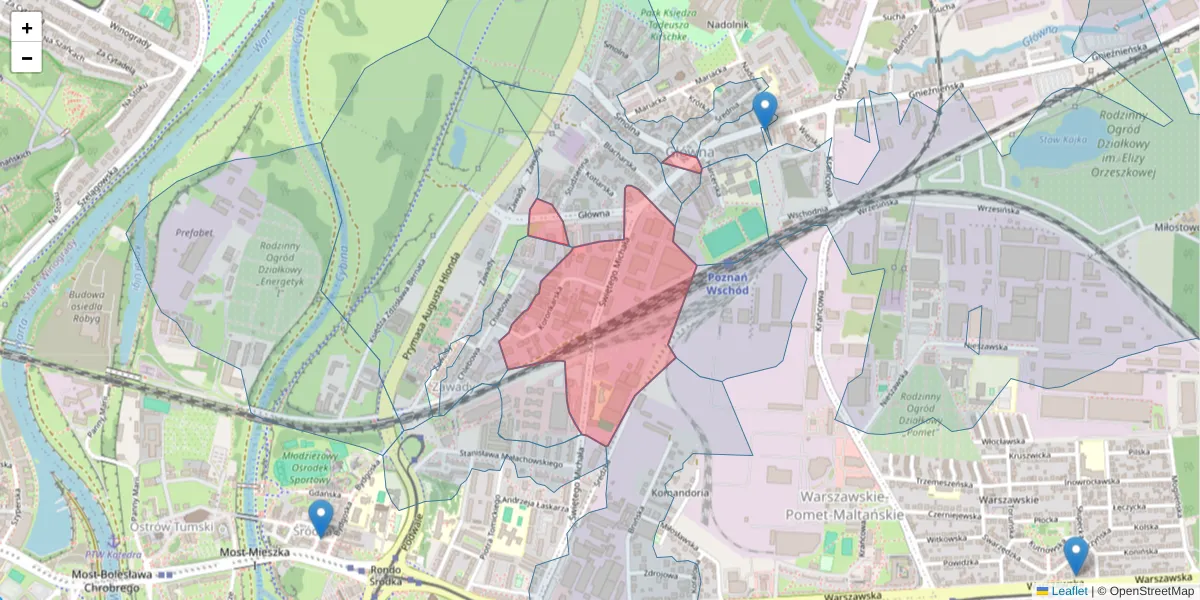 Szczegółowa mapa kodu pocztowego 61-005 z granicami, sąsiednimi kodami pocztowymi i urzędami pocztowymi