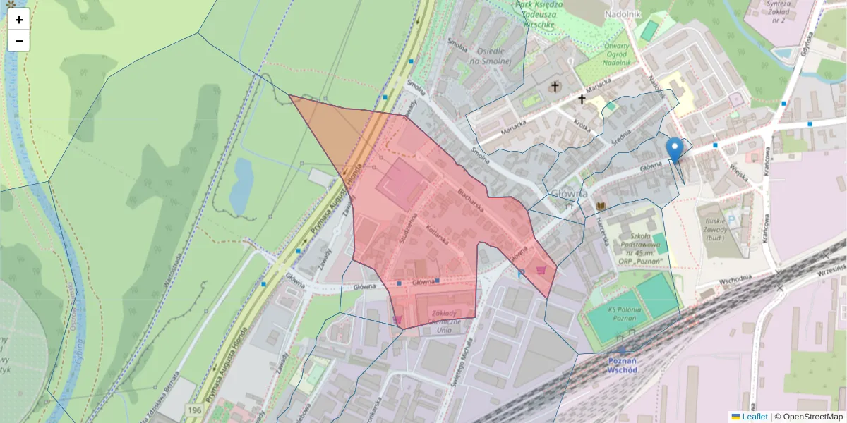 Szczegółowa mapa kodu pocztowego 61-006 z granicami, sąsiednimi kodami pocztowymi i urzędami pocztowymi