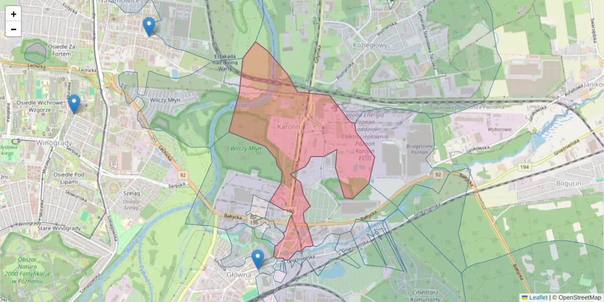 Szczegółowa mapa kodu pocztowego 61-016 z granicami, sąsiednimi kodami pocztowymi i urzędami pocztowymi
