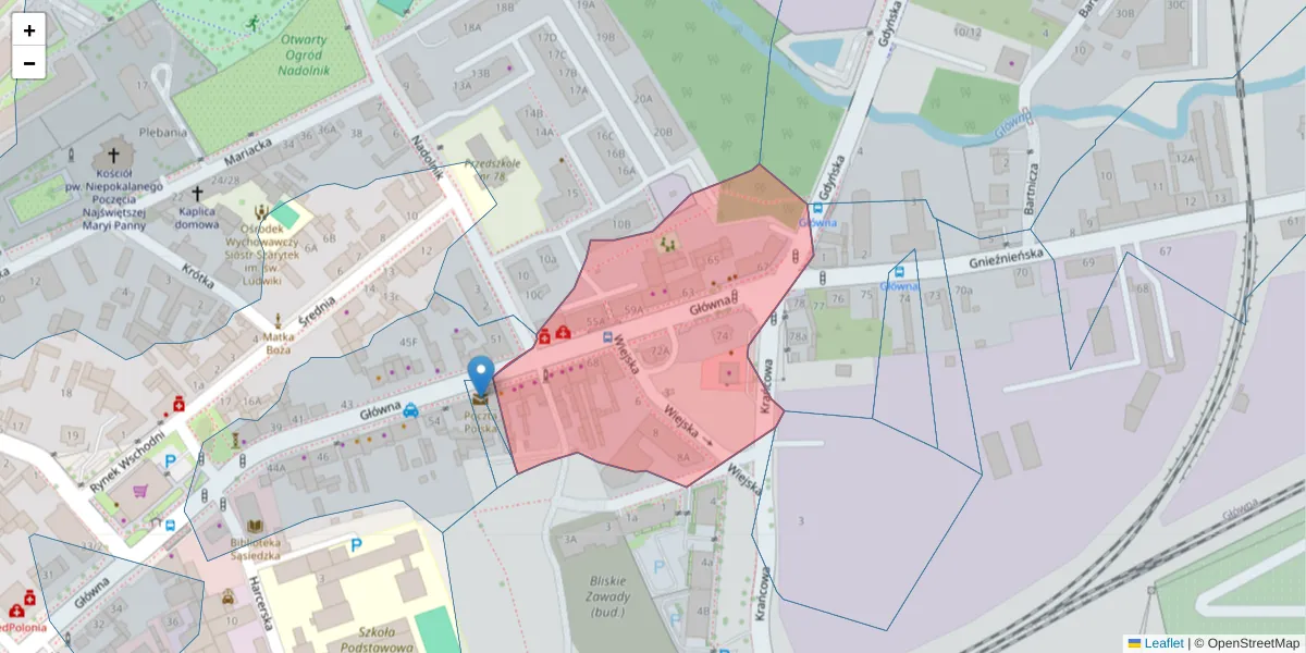 Szczegółowa mapa kodu pocztowego 61-019 z granicami, sąsiednimi kodami pocztowymi i urzędami pocztowymi
