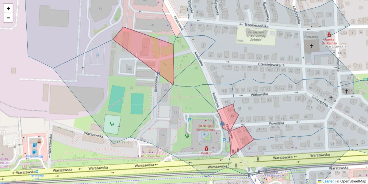 Szczegółowa mapa kodu pocztowego 61-033 z granicami, sąsiednimi kodami pocztowymi i urzędami pocztowymi