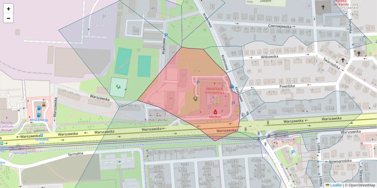 Szczegółowa mapa kodu pocztowego 61-036 z granicami, sąsiednimi kodami pocztowymi i urzędami pocztowymi