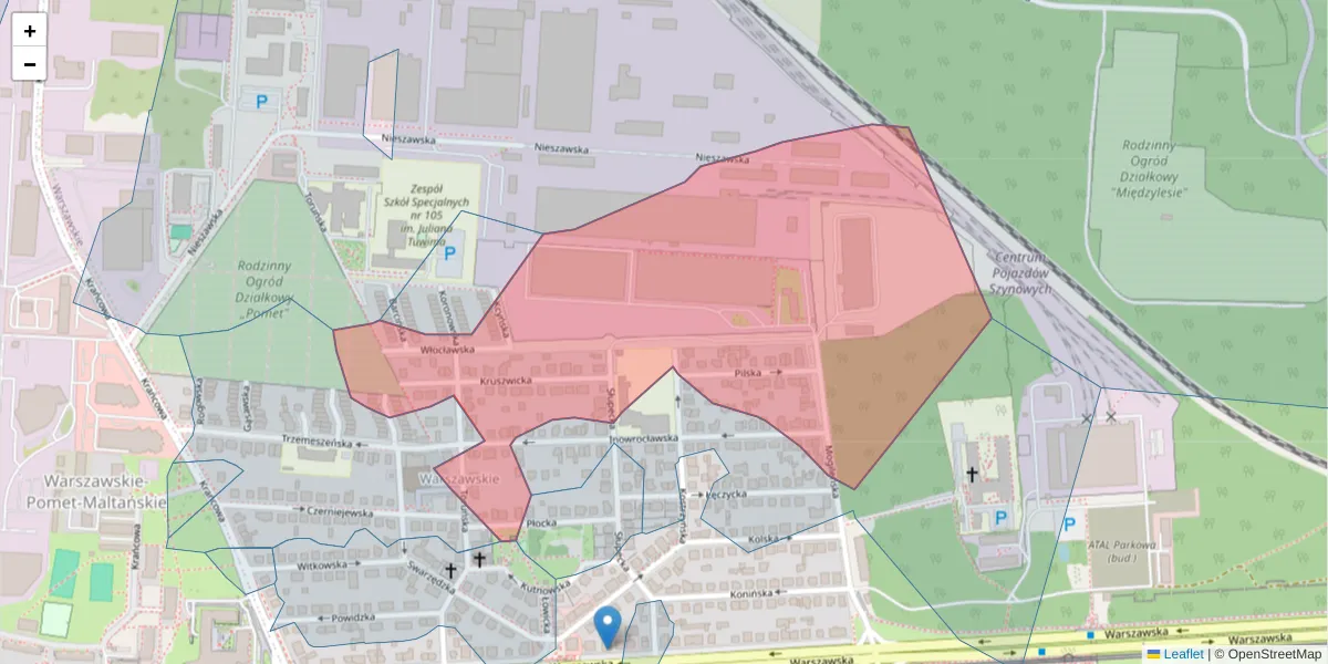 Szczegółowa mapa kodu pocztowego 61-045 z granicami, sąsiednimi kodami pocztowymi i urzędami pocztowymi