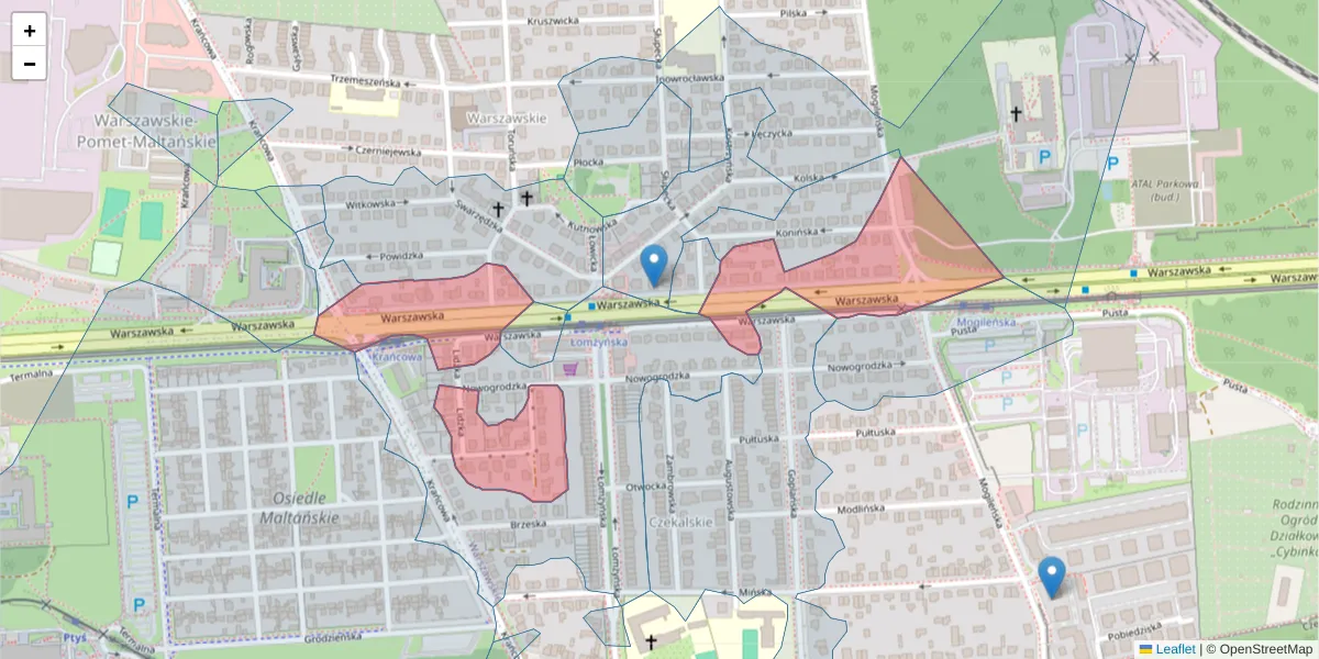 Szczegółowa mapa kodu pocztowego 61-047 z granicami, sąsiednimi kodami pocztowymi i urzędami pocztowymi