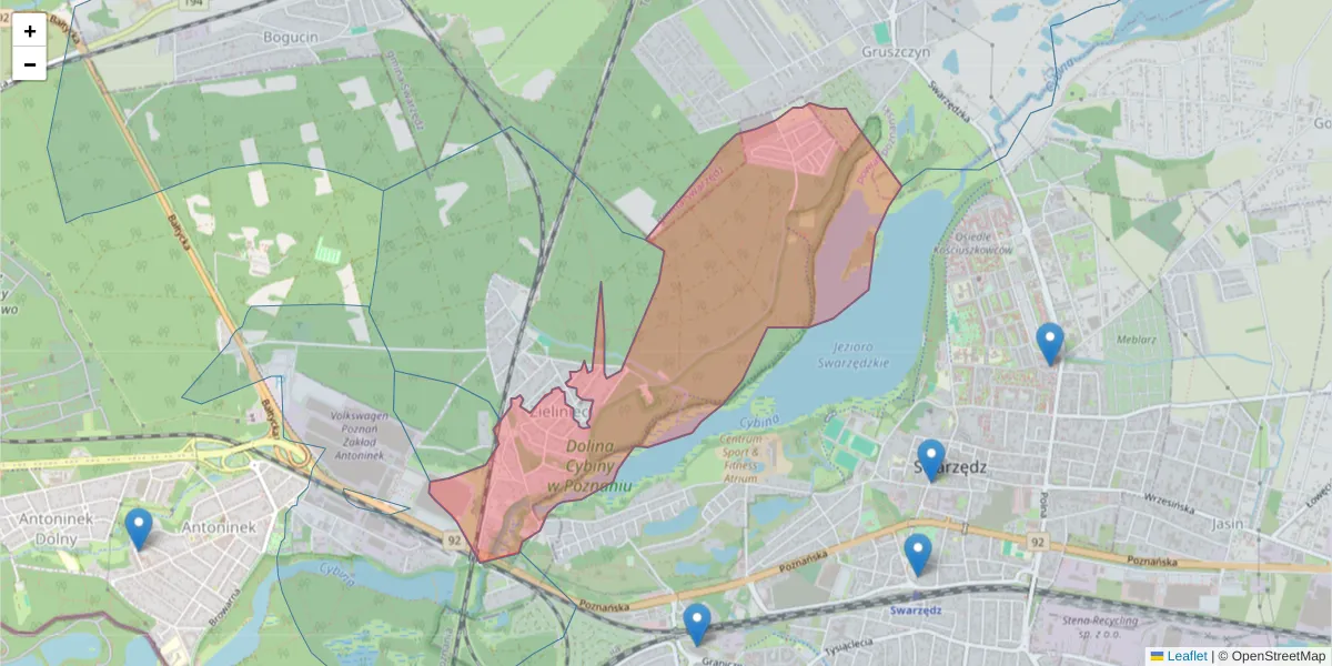 Szczegółowa mapa kodu pocztowego 61-058 z granicami, sąsiednimi kodami pocztowymi i urzędami pocztowymi