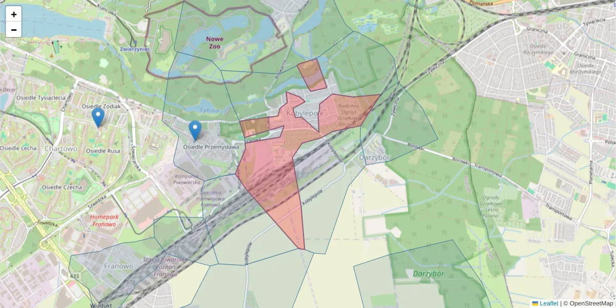 Szczegółowa mapa kodu pocztowego 61-065 z granicami, sąsiednimi kodami pocztowymi i urzędami pocztowymi