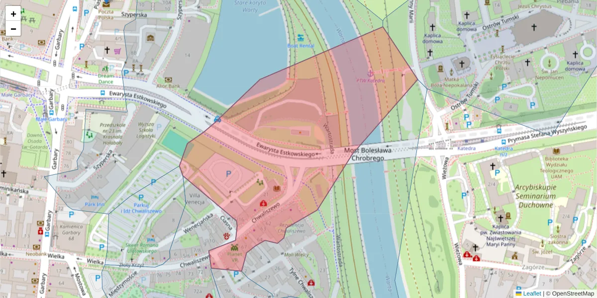 Szczegółowa mapa kodu pocztowego 61-105 z granicami, sąsiednimi kodami pocztowymi i urzędami pocztowymi