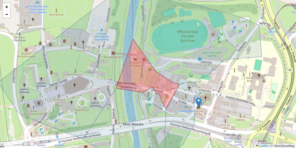 Szczegółowa mapa kodu pocztowego 61-121 z granicami, sąsiednimi kodami pocztowymi i urzędami pocztowymi