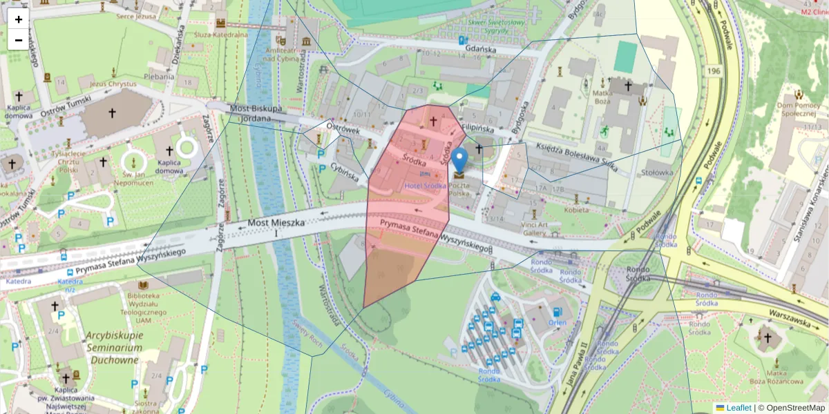 Szczegółowa mapa kodu pocztowego 61-125 z granicami, sąsiednimi kodami pocztowymi i urzędami pocztowymi