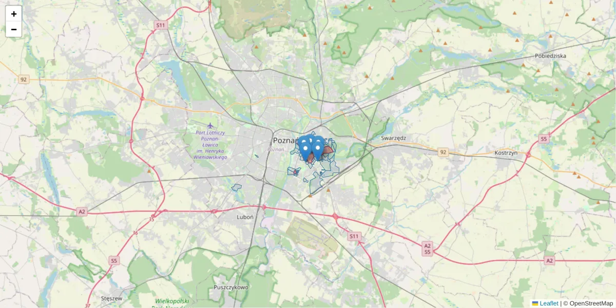 Szczegółowa mapa kodu pocztowego 61-131 z granicami, sąsiednimi kodami pocztowymi i urzędami pocztowymi