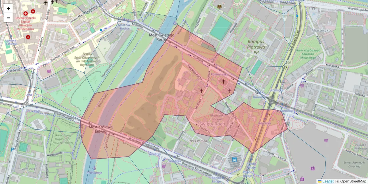 Szczegółowa mapa kodu pocztowego 61-142 z granicami, sąsiednimi kodami pocztowymi i urzędami pocztowymi