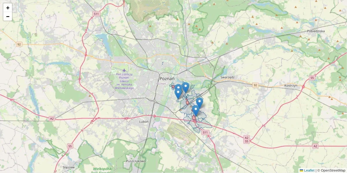 Szczegółowa mapa kodu pocztowego 61-144 z granicami, sąsiednimi kodami pocztowymi i urzędami pocztowymi
