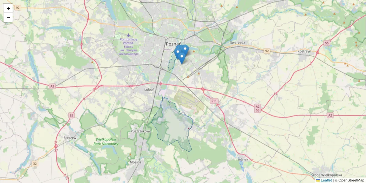 Szczegółowa mapa kodu pocztowego 61-163 z granicami, sąsiednimi kodami pocztowymi i urzędami pocztowymi