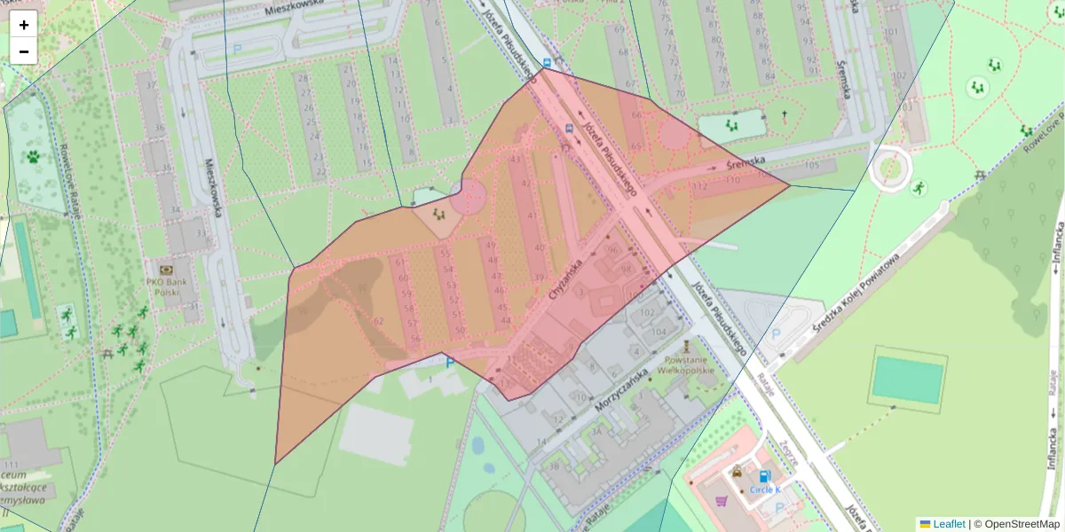 Szczegółowa mapa kodu pocztowego 61-216 z granicami, sąsiednimi kodami pocztowymi i urzędami pocztowymi