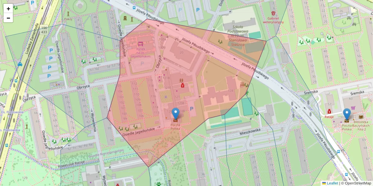 Szczegółowa mapa kodu pocztowego 61-222 z granicami, sąsiednimi kodami pocztowymi i urzędami pocztowymi