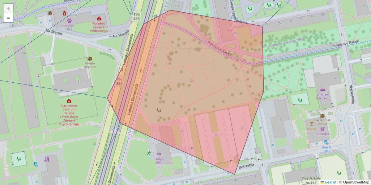 Szczegółowa mapa kodu pocztowego 61-223 z granicami, sąsiednimi kodami pocztowymi i urzędami pocztowymi