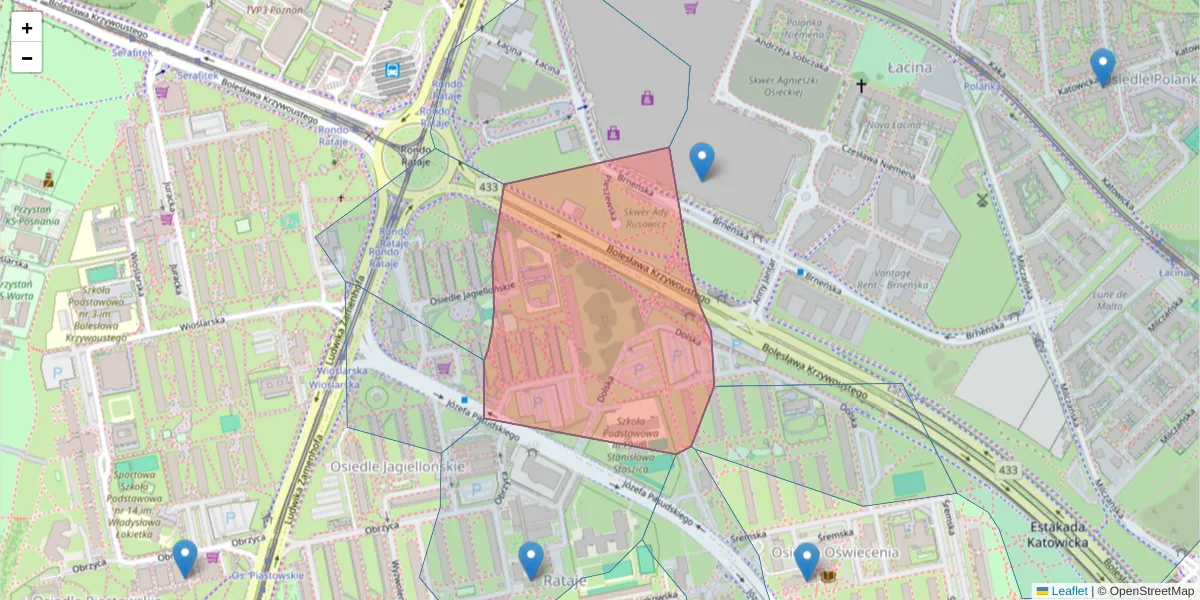 Szczegółowa mapa kodu pocztowego 61-231 z granicami, sąsiednimi kodami pocztowymi i urzędami pocztowymi