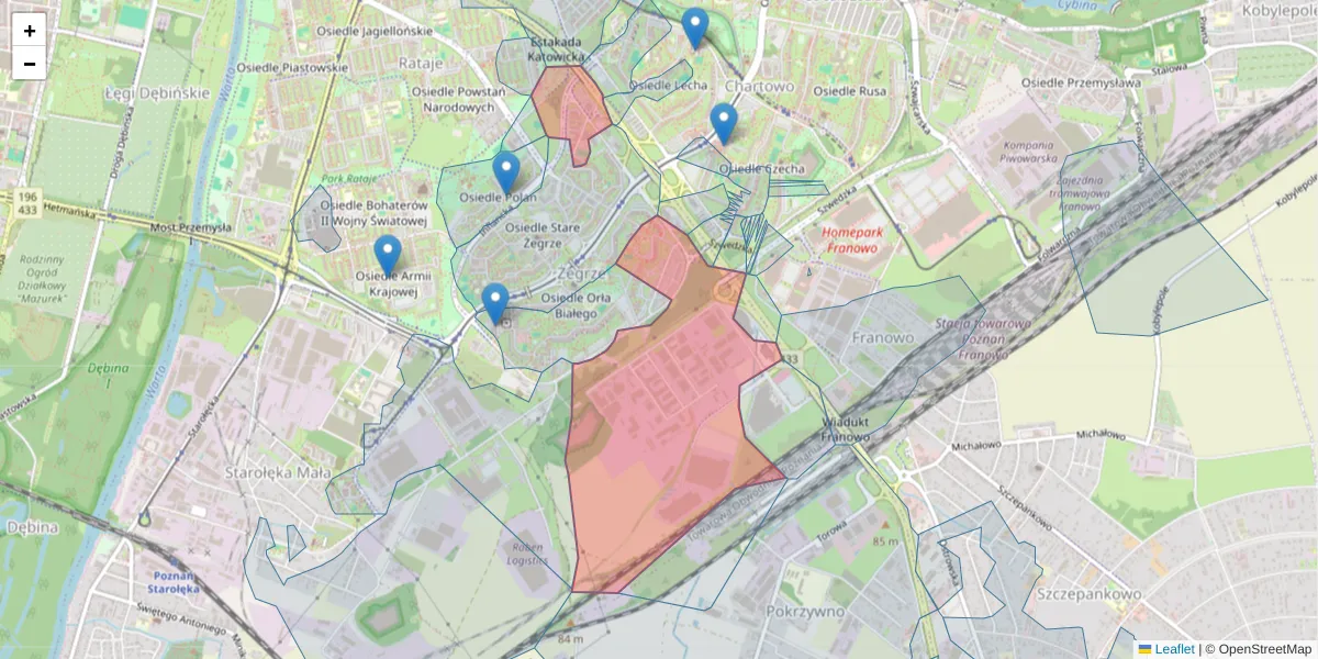 Szczegółowa mapa kodu pocztowego 61-248 z granicami, sąsiednimi kodami pocztowymi i urzędami pocztowymi