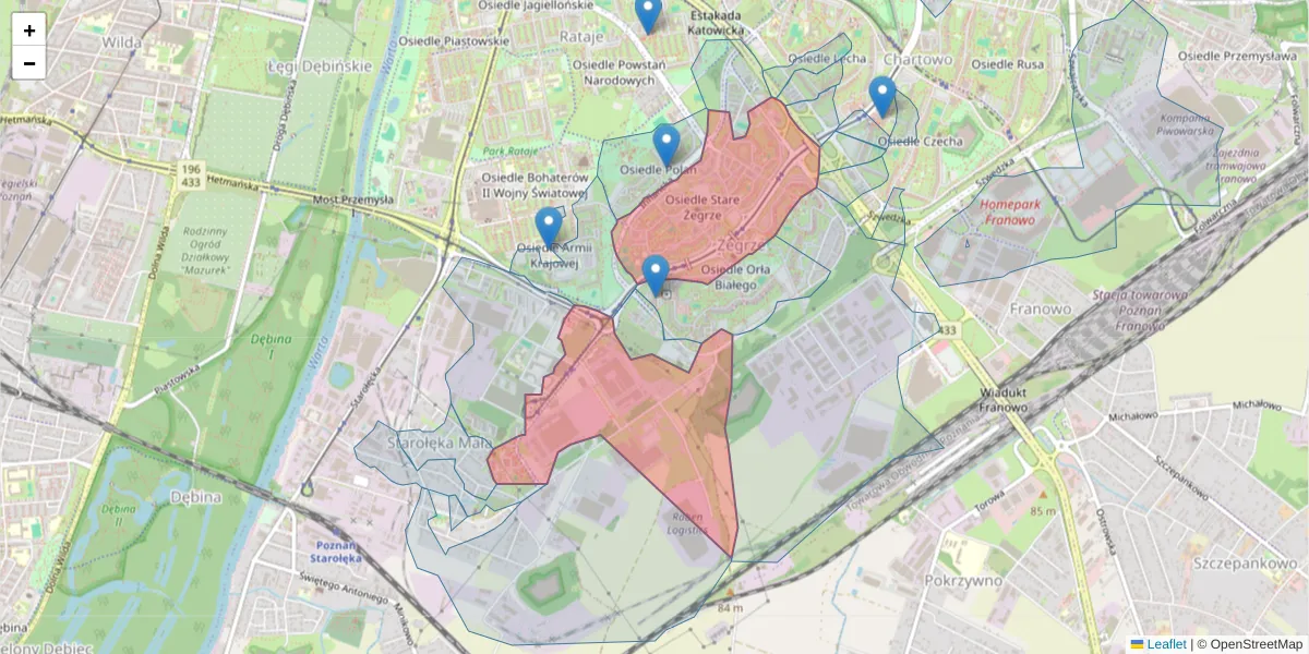 Szczegółowa mapa kodu pocztowego 61-249 z granicami, sąsiednimi kodami pocztowymi i urzędami pocztowymi
