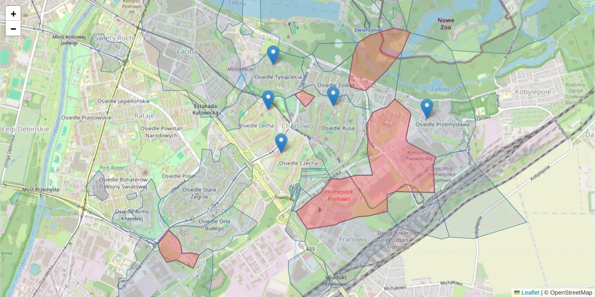 Szczegółowa mapa kodu pocztowego 61-285 z granicami, sąsiednimi kodami pocztowymi i urzędami pocztowymi
