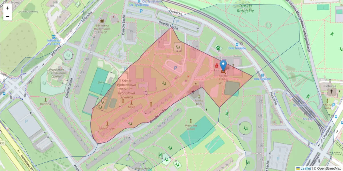 Szczegółowa mapa kodu pocztowego 61-294 z granicami, sąsiednimi kodami pocztowymi i urzędami pocztowymi