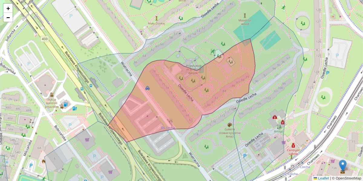 Szczegółowa mapa kodu pocztowego 61-296 z granicami, sąsiednimi kodami pocztowymi i urzędami pocztowymi