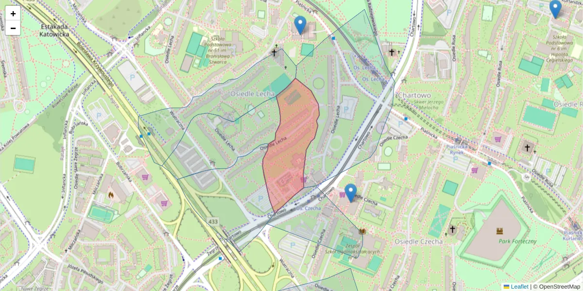Szczegółowa mapa kodu pocztowego 61-297 z granicami, sąsiednimi kodami pocztowymi i urzędami pocztowymi