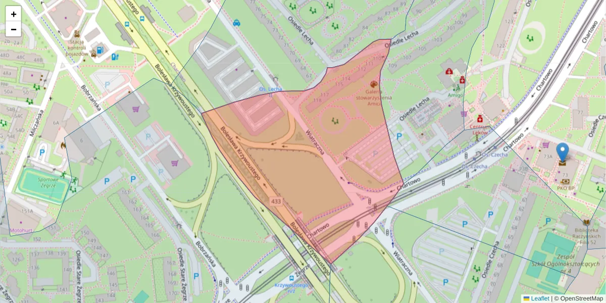 Szczegółowa mapa kodu pocztowego 61-298 z granicami, sąsiednimi kodami pocztowymi i urzędami pocztowymi